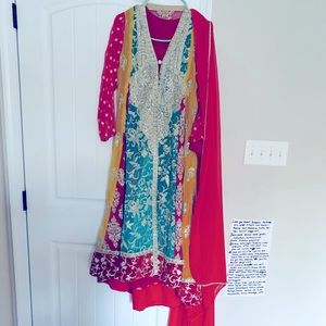 Vintage Indian Mustard Yellow Turquoise Fuchsia Chiffon Embroidery Dress Suit
